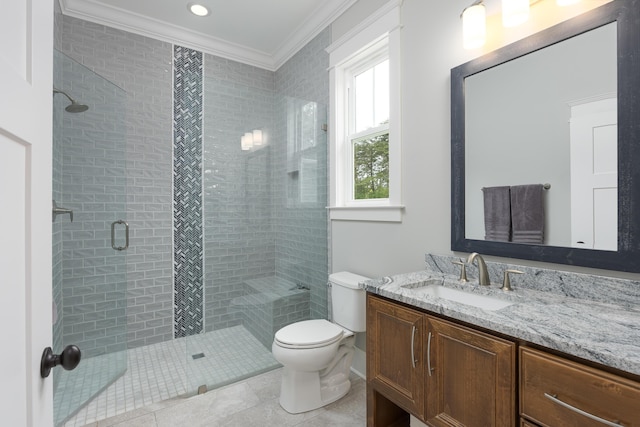 2419 Welch Rd, Soddy Daisy, TN 37379 - bathroom featuring vanity, ornamental molding, toilet, tile patterned floors, and a stall shower