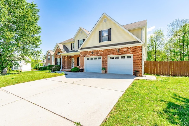 view of front of home with brick siding, fence, a garage, driveway, and a front lawn