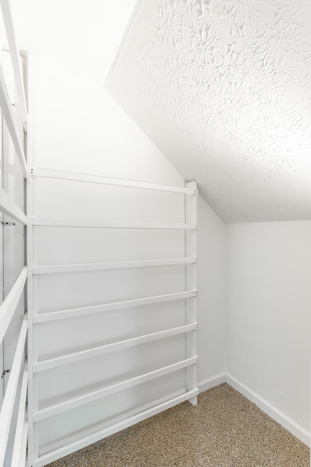 walk in closet with carpet floors and vaulted ceiling