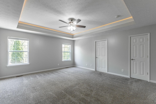 carpeted empty room featuring plenty of natural light, a textured ceiling, ceiling fan, and a tray ceiling