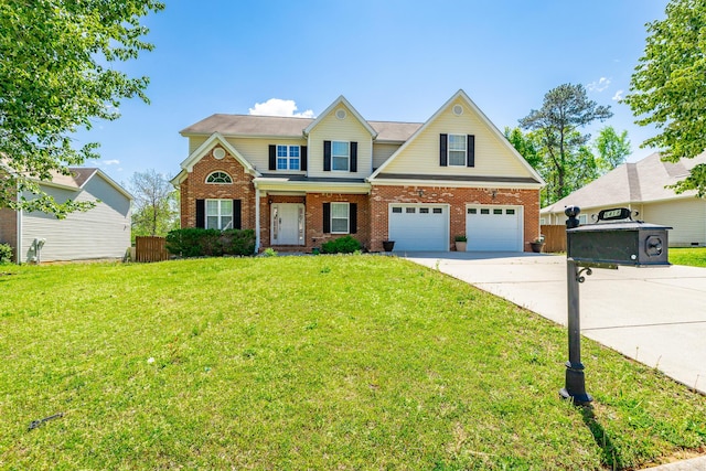 view of front of property with fence, concrete driveway, an attached garage, and brick siding