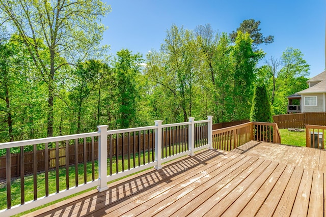 deck with a lawn and a fenced backyard