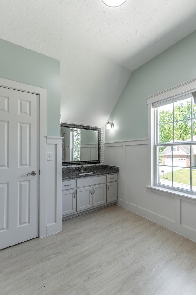 bathroom featuring a decorative wall, vanity, vaulted ceiling, and wood finished floors