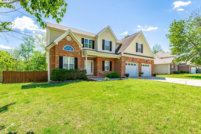 view of front facade with a front yard, a garage, brick siding, concrete driveway, and fence