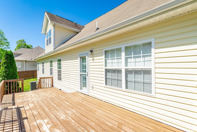 wooden deck featuring cooling unit and fence