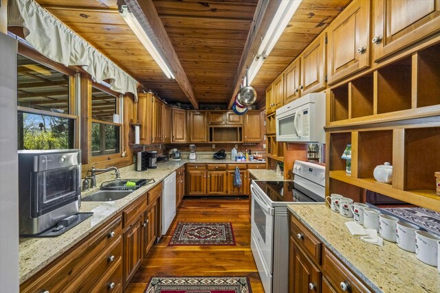 1011 Buffalo Rd, Jefferson City, TN 37760 - kitchen featuring wood ceiling, open shelves, a sink, dark wood finished floors, and white appliances