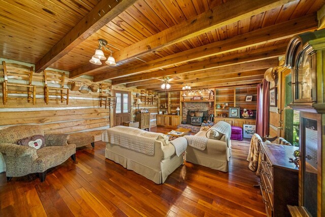 1011 Buffalo Rd, Jefferson City, TN 37760 - living area with beam ceiling, a fireplace, wood walls, wood ceiling, and hardwood / wood-style floors