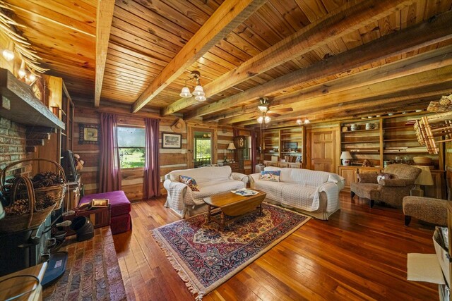 1011 Buffalo Rd, Jefferson City, TN 37760 - living area with wooden ceiling, hardwood / wood-style flooring, beamed ceiling, and wood walls