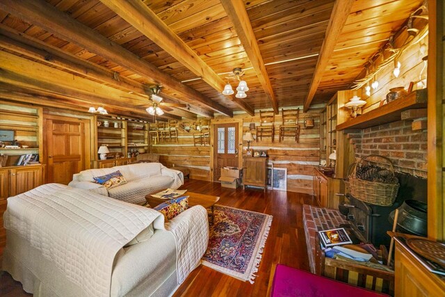 1011 Buffalo Rd, Jefferson City, TN 37760 - living room with wooden walls, dark wood-style floors, wooden ceiling, and beamed ceiling