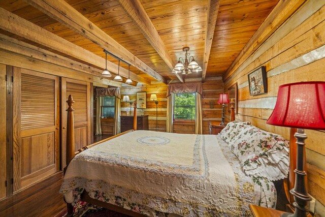 1011 Buffalo Rd, Jefferson City, TN 37760 - bedroom with wood ceiling, hardwood / wood-style floors, a chandelier, beam ceiling, and wooden walls