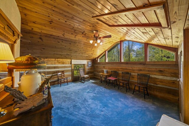 1011 Buffalo Rd, Jefferson City, TN 37760 - unfurnished room with carpet flooring, wood walls, ceiling fan, wooden ceiling, and vaulted ceiling