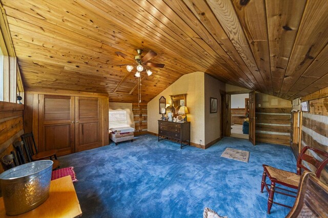 1011 Buffalo Rd, Jefferson City, TN 37760 - interior space with a ceiling fan, wood ceiling, carpet flooring, and vaulted ceiling