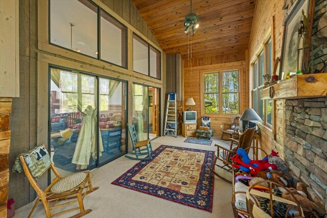 1011 Buffalo Rd, Jefferson City, TN 37760 - sunroom / solarium featuring wooden ceiling, wooden walls, lofted ceiling, and carpet