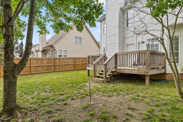view of yard featuring fence and a wooden deck
