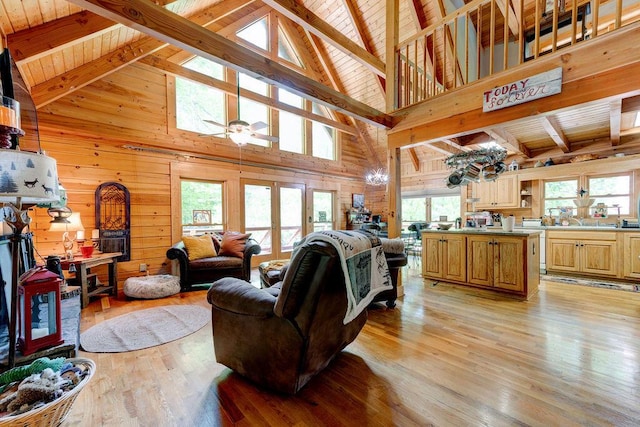 living area with beam ceiling, ceiling fan, wooden walls, high vaulted ceiling, and light wood-type flooring