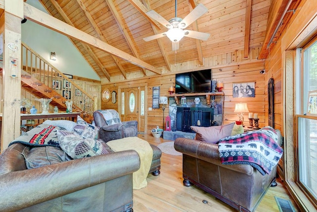 living area featuring wooden walls, beam ceiling, wooden ceiling, and a healthy amount of sunlight