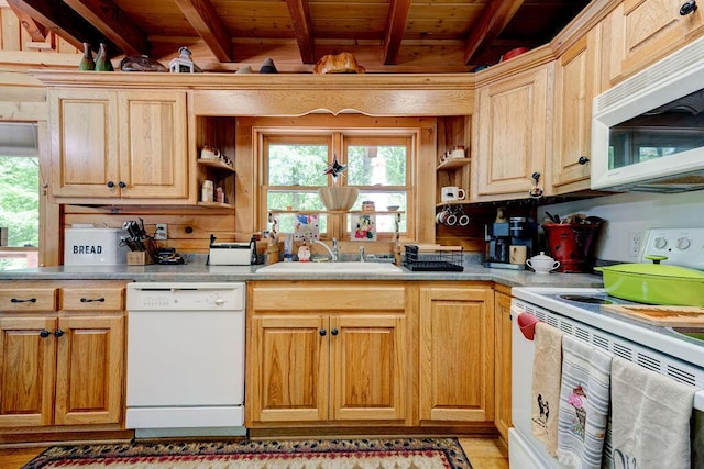 kitchen with white appliances, open shelves, a sink, and beam ceiling
