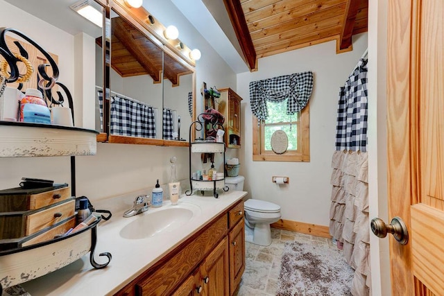 full bath with stone finish floor, wooden ceiling, baseboards, vanity, and toilet