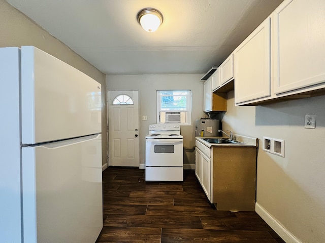 kitchen featuring a sink, white appliances, white cabinetry, and dark wood finished floors