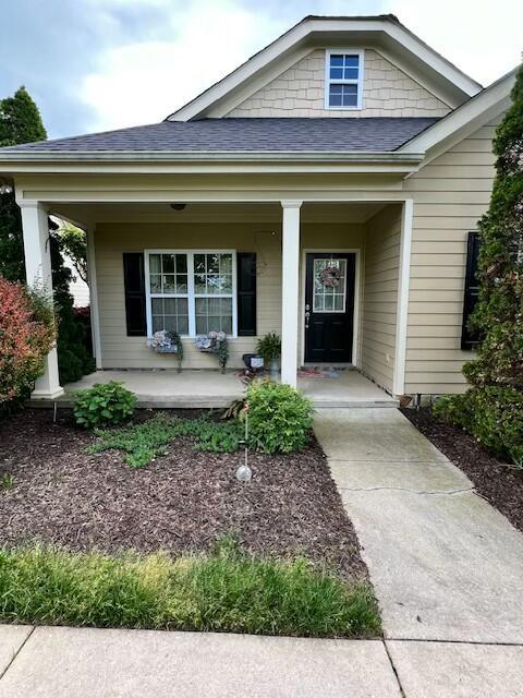 entrance to property with a porch and a shingled roof
