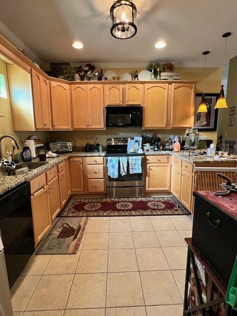 kitchen with black appliances, light tile patterned floors, light brown cabinetry, and a sink