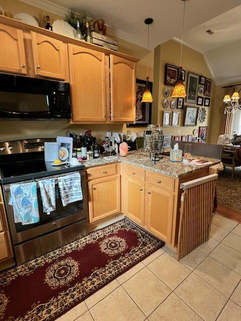 kitchen featuring pendant lighting, black microwave, stainless steel electric stove, light tile patterned flooring, and a peninsula