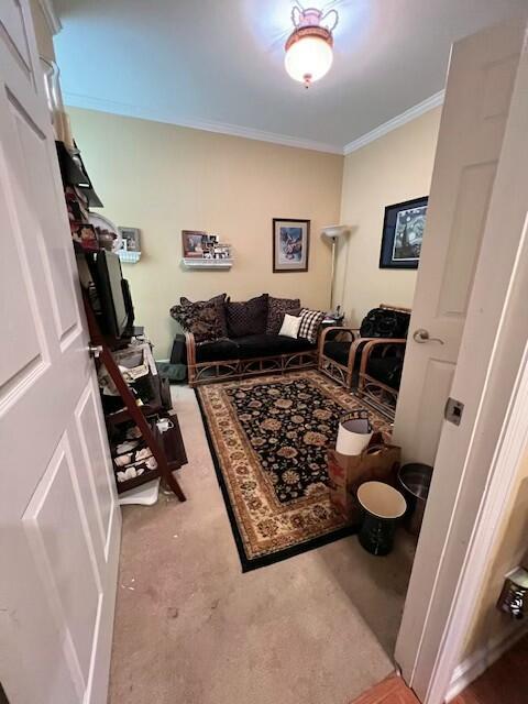 carpeted living room featuring ornamental molding