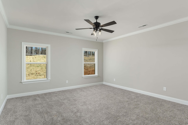 4644 Signal Forest Dr Unit 7, Signal Mountain, TN 37377 - carpeted empty room with visible vents, ornamental molding, baseboards, and ceiling fan