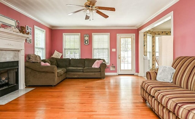 living room featuring a fireplace, ceiling fan, light wood-type flooring, and crown molding