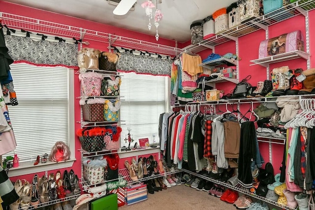 storage area with a ceiling fan