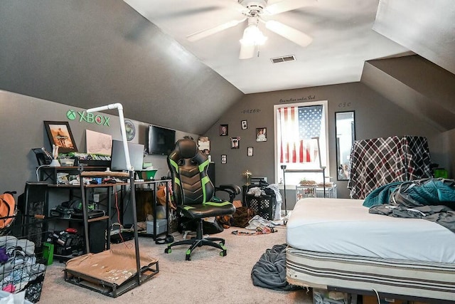 carpeted bedroom with a ceiling fan, visible vents, and vaulted ceiling