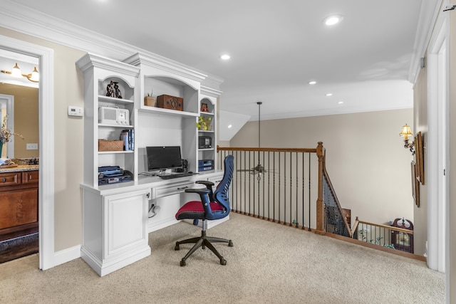 office space featuring recessed lighting, baseboards, light colored carpet, and ornamental molding
