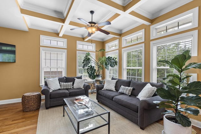 living area with ceiling fan, beamed ceiling, coffered ceiling, and wood finished floors