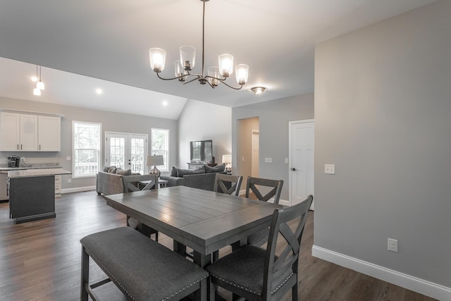 485 Woodland Dr, Jasper, TN 37347 - dining area with an inviting chandelier, dark wood-style flooring, baseboards, recessed lighting, and vaulted ceiling