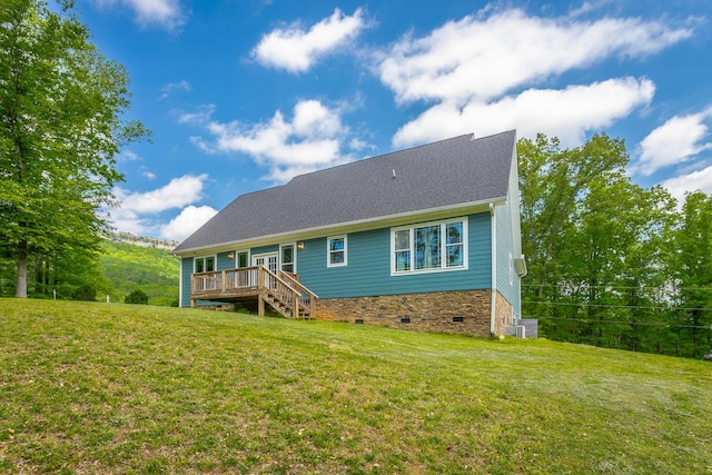 485 Woodland Dr, Jasper, TN 37347 - rear view of house featuring a lawn, central AC unit, a wooden deck, and crawl space