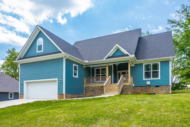 485 Woodland Dr, Jasper, TN 37347 - craftsman-style home with a porch, driveway, roof with shingles, a front yard, and an attached garage