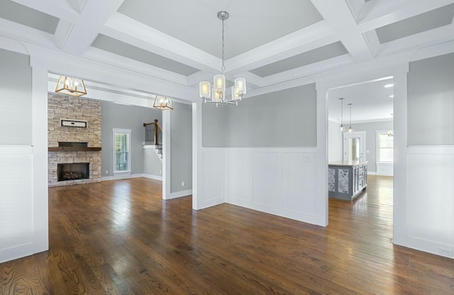 8520 Winter Refuge Way, Ooltewah, TN 37363 - unfurnished dining area with an inviting chandelier, dark wood-style flooring, and coffered ceiling