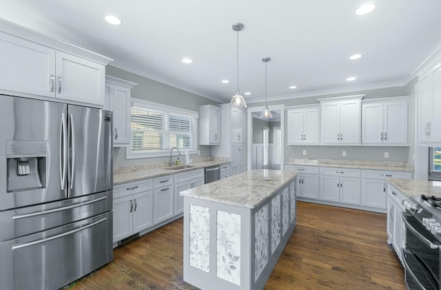 8520 Winter Refuge Way, Ooltewah, TN 37363 - kitchen with ornamental molding, a sink, appliances with stainless steel finishes, and white cabinetry