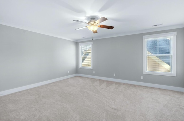 8520 Winter Refuge Way, Ooltewah, TN 37363 - unfurnished room featuring visible vents, a ceiling fan, ornamental molding, and light carpet