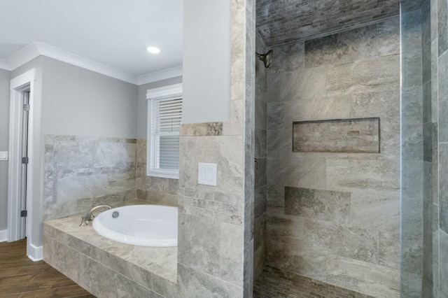 8520 Winter Refuge Way, Ooltewah, TN 37363 - full bathroom with ornamental molding, a tile shower, and a garden tub