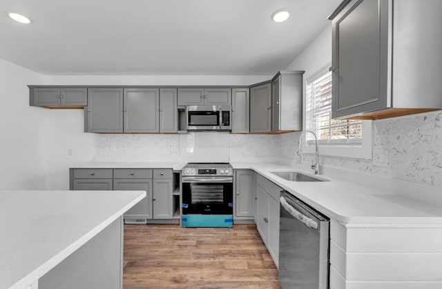 kitchen with light countertops, gray cabinets, a sink, light wood-style flooring, and stainless steel appliances