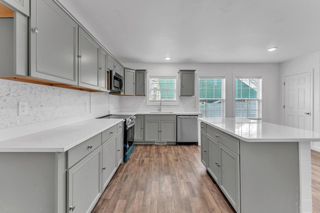 kitchen featuring light wood-style floors, a sink, gray cabinets, and appliances with stainless steel finishes