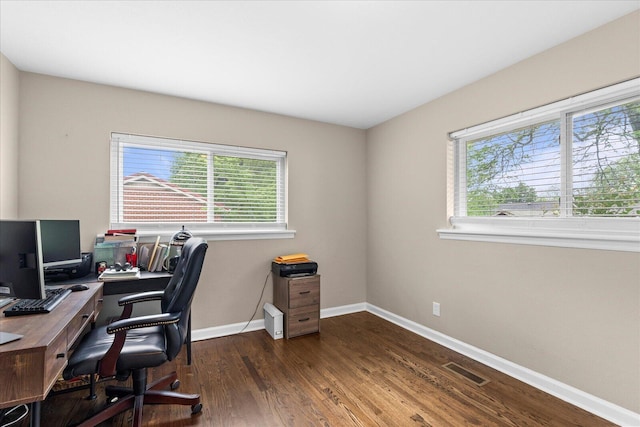 home office featuring visible vents, baseboards, wood finished floors, and a healthy amount of sunlight