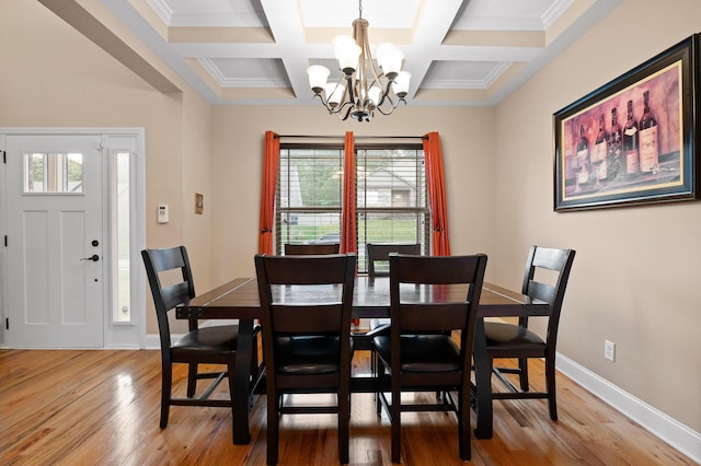 745 Soaring Eagle Cir, Hixson, TN 37343 - dining space with light wood-style floors, beam ceiling, baseboards, an inviting chandelier, and coffered ceiling