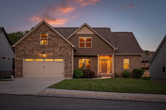 745 Soaring Eagle Cir, Hixson, TN 37343 - craftsman-style house with a front lawn, stone siding, roof with shingles, board and batten siding, and concrete driveway
