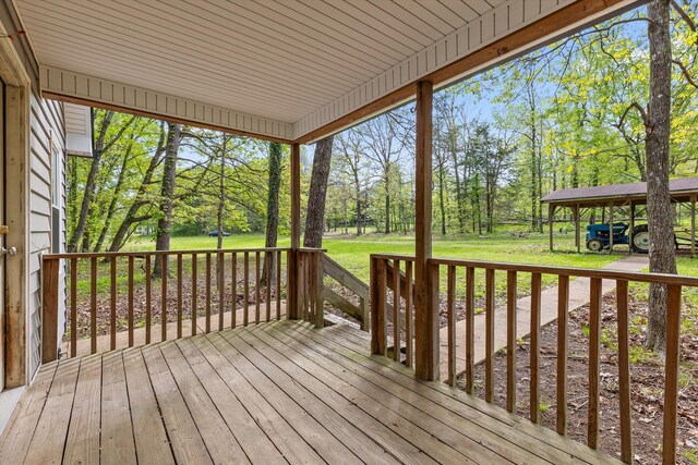 6475 Polly Ln, Signal Mountain, TN 37377 - wooden terrace featuring view of wooded area and a lawn