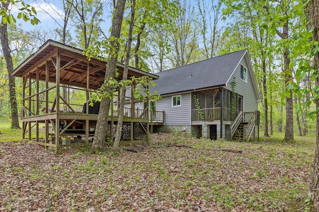 6475 Polly Ln, Signal Mountain, TN 37377 - back of property featuring a sunroom, a shingled roof, stairway, and a wooden deck