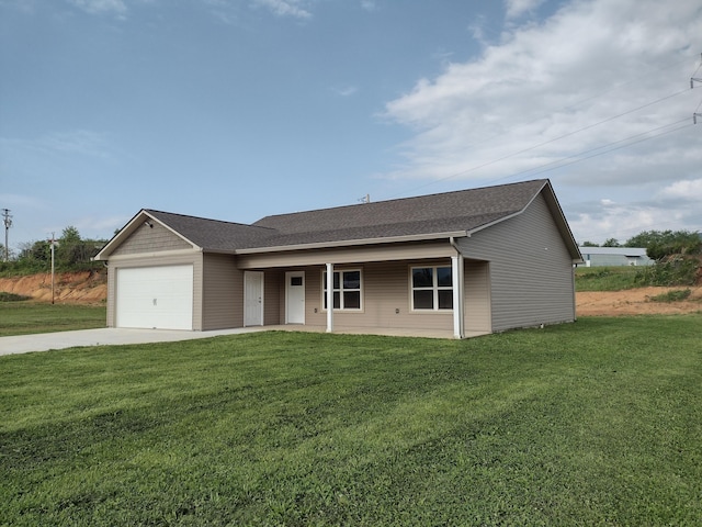 ranch-style house featuring a garage, a shingled roof, concrete driveway, and a front lawn