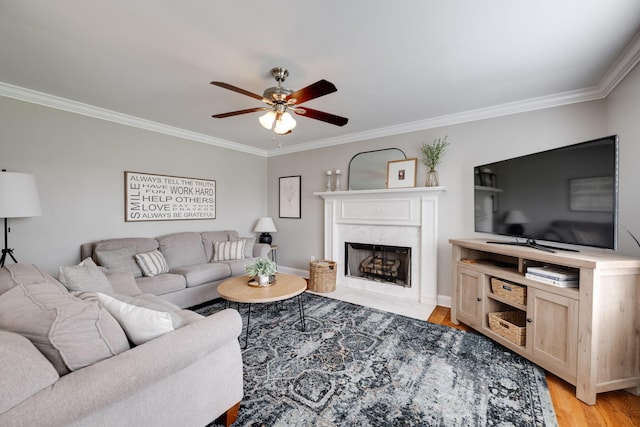 living area featuring a ceiling fan, a premium fireplace, light wood-type flooring, and crown molding