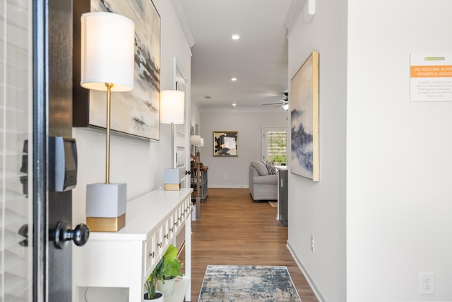 8418 Snowdrop Way, Ooltewah, TN 37363 - hallway featuring wood finished floors, crown molding, recessed lighting, and baseboards